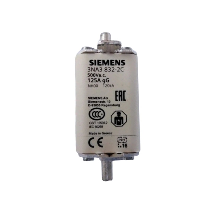 Siemens 3NA3832-2C LV HRC fuse link, NH00, 125 A, 500 V AC, gG/gL class
