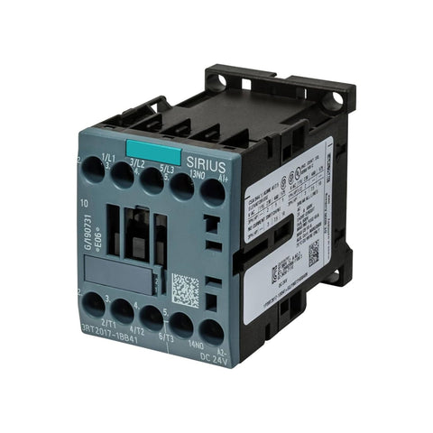 Siemens 3RT2017-1BB41 contactor, 12A, 3-pole, 24V DC coil, 1NO auxiliary, size S00, IP20, for motor control.