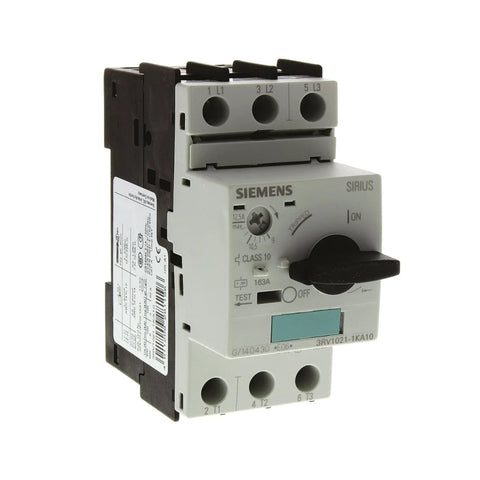 Siemens 3RV1021-1KA10 motor protection circuit breaker, 9–12.5 A, 3-pole, size S0, 100 kA short-circuit capacity, screw terminals.