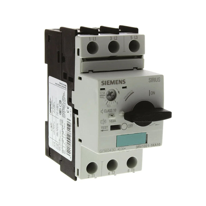 Siemens 3RV1021-1KA10 motor protection circuit breaker, 9–12.5 A, 3-pole, size S0, 100 kA short-circuit capacity, screw terminals.
