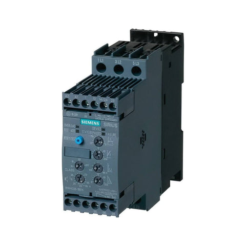 Siemens 3RW4026-1BB14 soft starter, 11 kW, 3-phase, 24V AC/DC control, size S0, IP20, for smooth motor start.