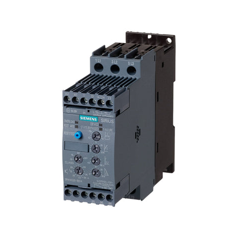 Siemens 3RW4027-1BB04 soft starter, 12.5 kW, 24V AC/DC control, 3-phase, size S0, IP20, for smooth motor starting.