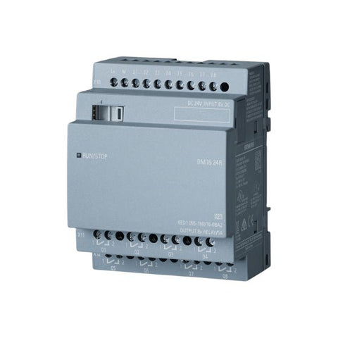 Siemens 6ED1055-1NB10-0BA2 LOGO! expansion module with 8 digital inputs and 8 relay outputs for automation.