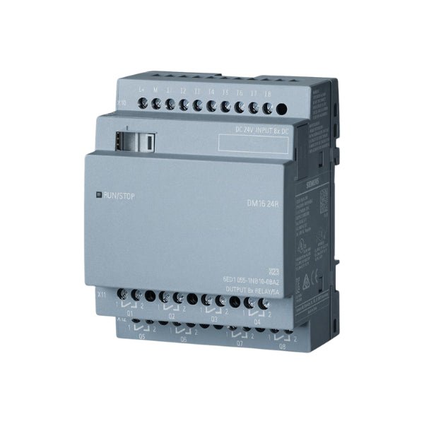 Siemens 6ED1055-1NB10-0BA2 LOGO! expansion module with 8 digital inputs and 8 relay outputs for automation.