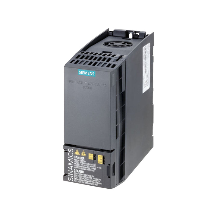 Siemens 6SL3210-1KE11-8AP2 G120X inverter, 0.37 kW, 400 V, IP20, ideal for pumps, fans, and infrastructure control systems.