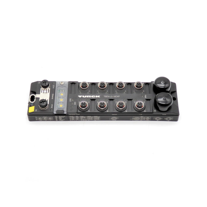 Turck TBEN-L5-16DXP block I/O module, 16 universal digital channels, IP69K, machine-mount design.