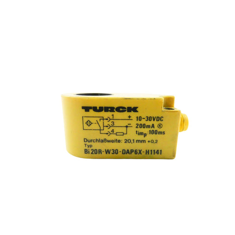 Turck BI20R-W30-DAP6X-H1141 block style inductive proximity sensor with 20 mm range and PNP NO output.