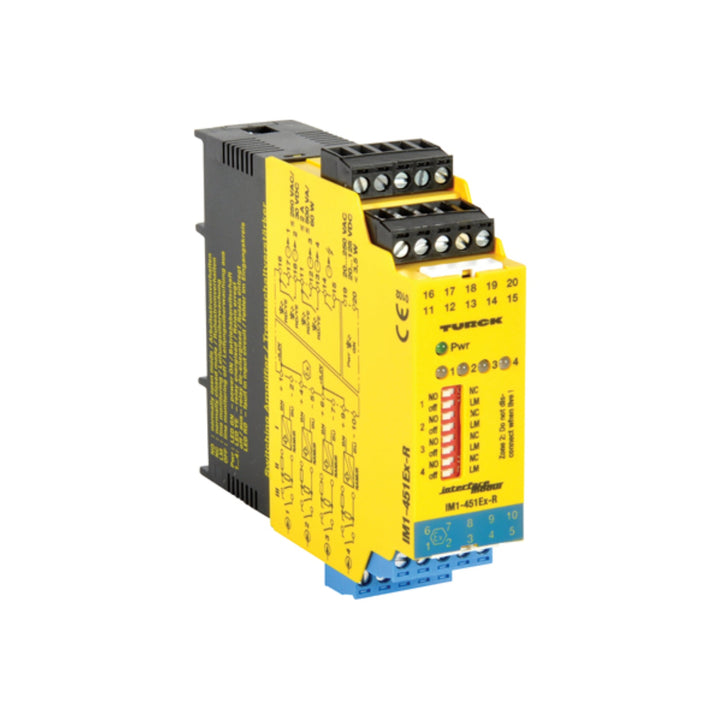 Turck IM1-451EX-R isolating switching amplifier, 4-channel, Ex ia inputs, relay outputs, DIN-rail mounting.