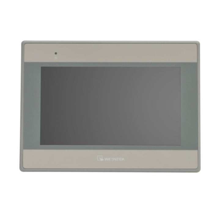 Weintek MT6071iE 7-inch HMI with 800x480 resolution, RS-232/RS-485, and USB host/client for compact industrial automation systems.