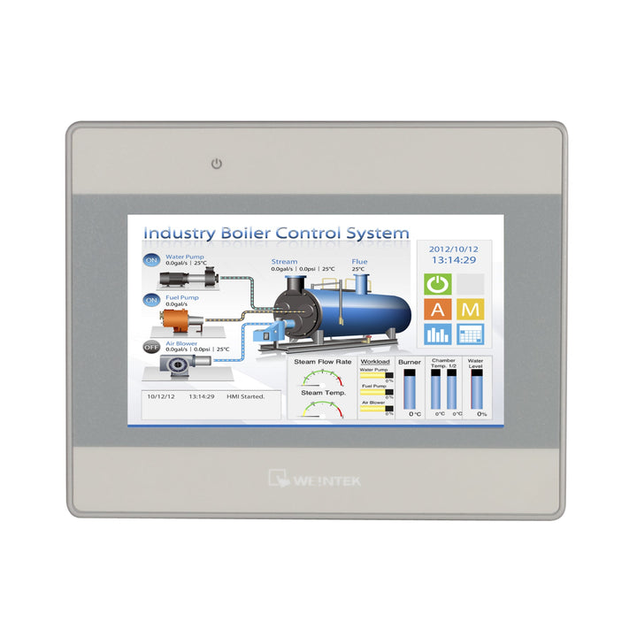 Weintek MT8051iE 4.3-inch HMI with 480x272 resolution, Ethernet, RS-232/RS-485, and USB host for industrial automation.