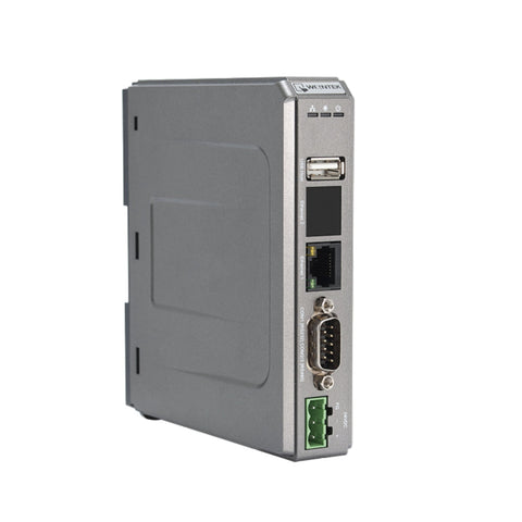 Weintek mTV-100 HMI interface with HDMI output, Ethernet, and serial ports for industrial automation applications.