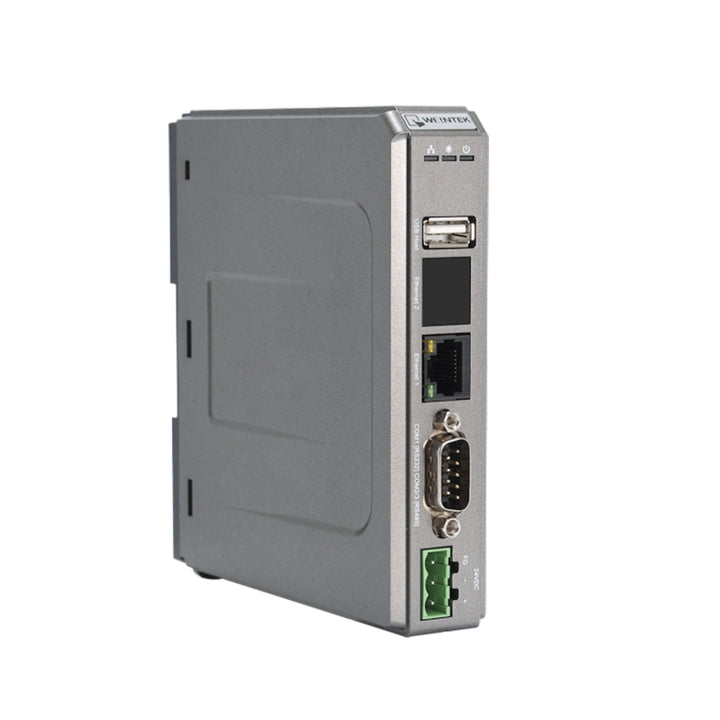 Weintek mTV-100 HMI interface with HDMI output, Ethernet, and serial ports for industrial automation applications.